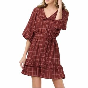 LC Lauren Conrad Burgundy Plaid Ruffle Shirt Dress | Size Large NWT